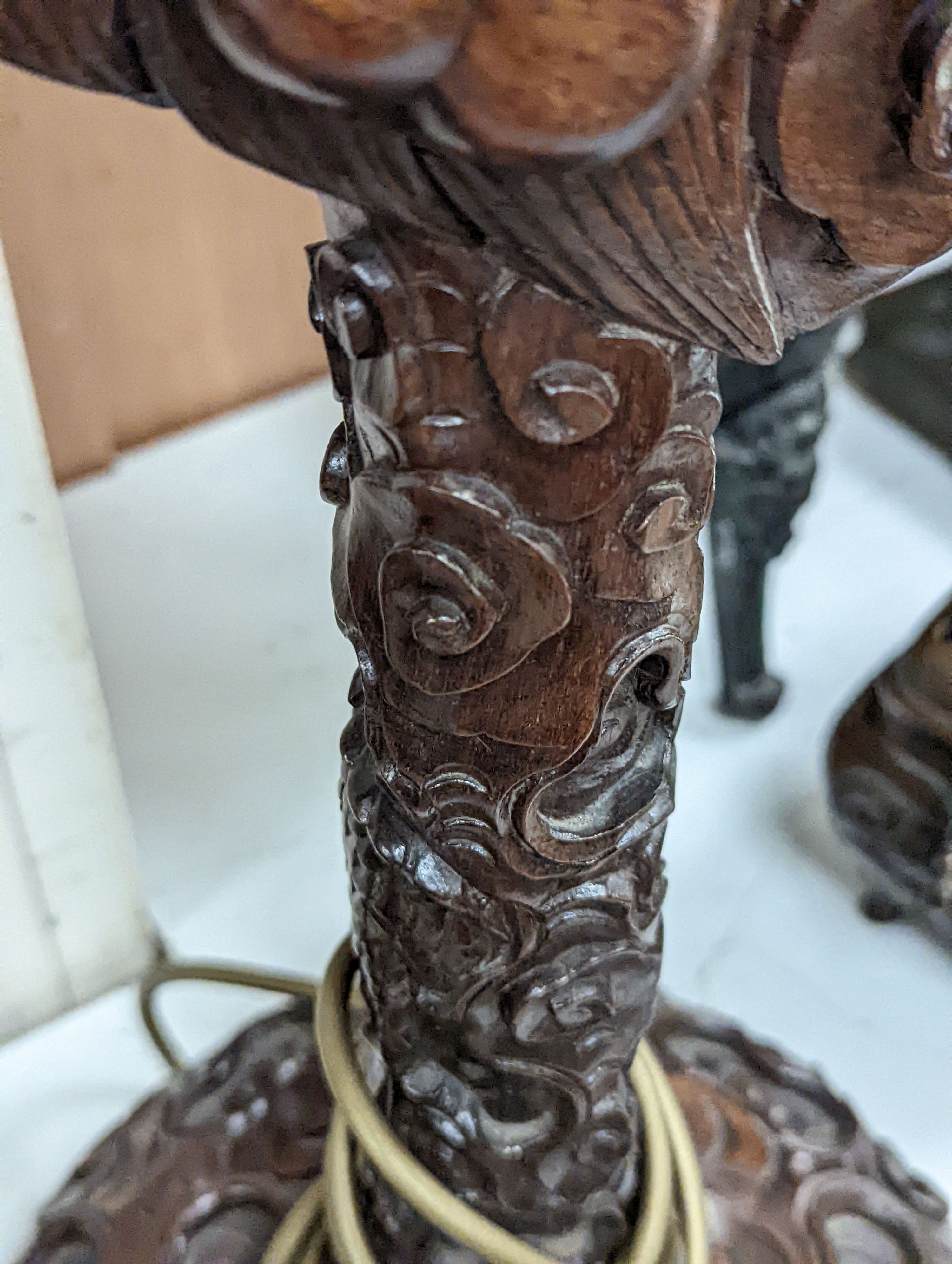 A pair of Chinese carved hongmu dragon lamps - 40cm tall